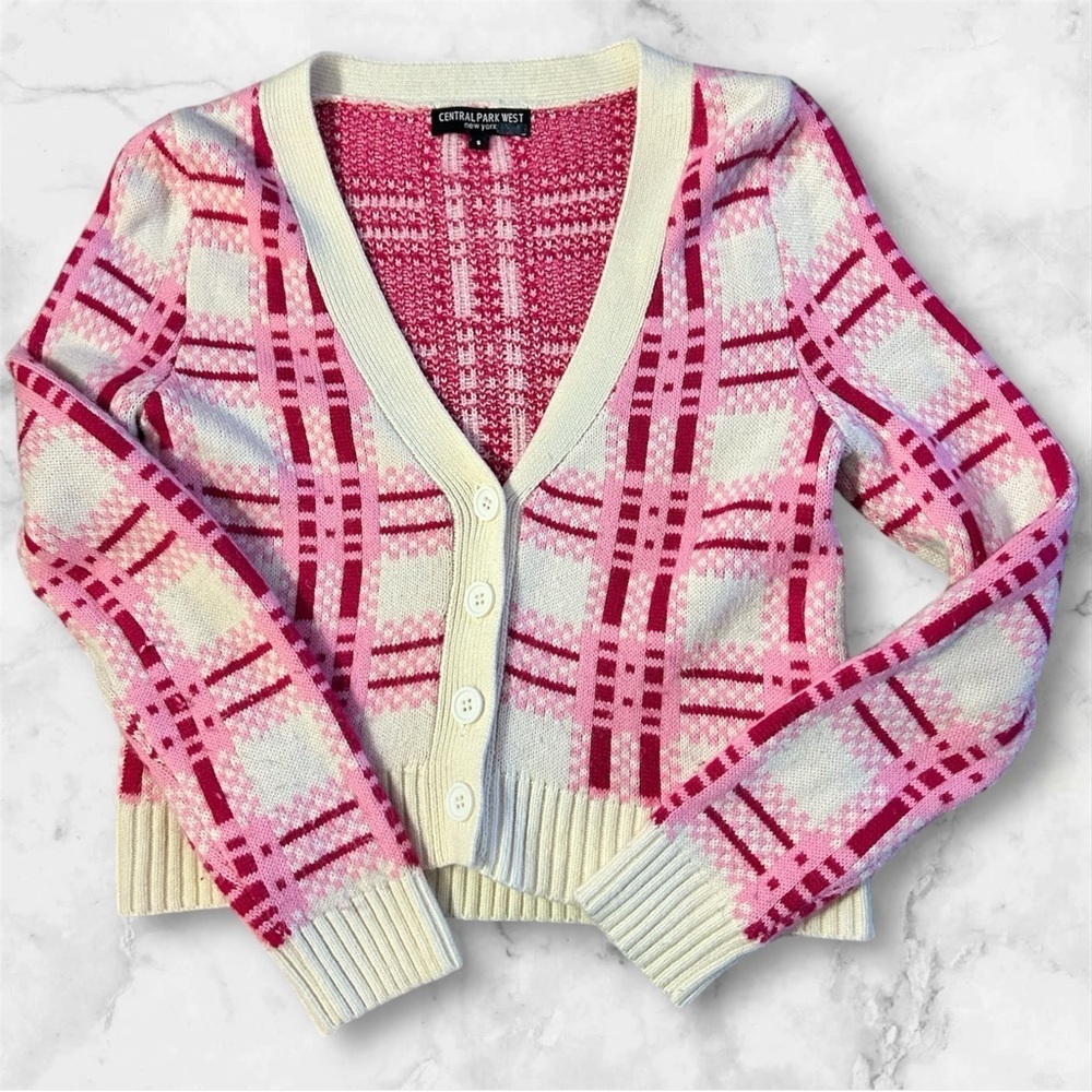 Central Park West Pink Plaid Women's Sweater sz S #002